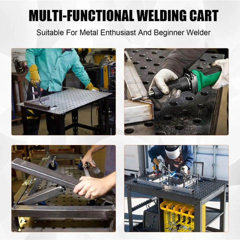 36 Inch By 24 Inch Heavy Duty Steel Welding Table Workbench With 600 Lb Capacity Portable Shop Bench On Wheels 161 Fixture Holes And 11 Hooks Double Shelf For Garage Workshop And Fabrication shown in use