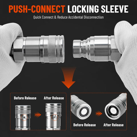 Two Racewill 1/2 in flat-face ISO 16028 hydraulic quick-connect couplers, 5/8 in JIC bulkhead thread, with dust cap