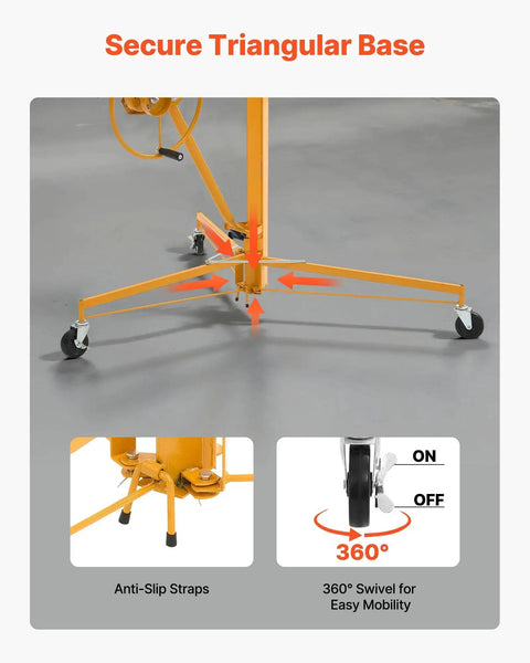 Drywall lift, yellow, front view showing adjustable telescoping arm, 16 ft reach, 150 lb capacity and lockable wheels.