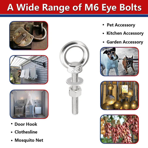 Heavy Duty Stainless Steel Eyebolt Set With Threaded Rings And Nuts For Lifting Indoor Outdoor Use M6 Eyebolts With Washers 304 Grade Steel