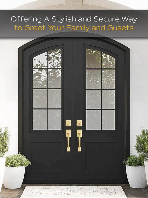 Double Front Door Handle Set With Satin Brass Exterior Lock Front Door Handle And Single Cylinder Deadbolt installed on black doors
