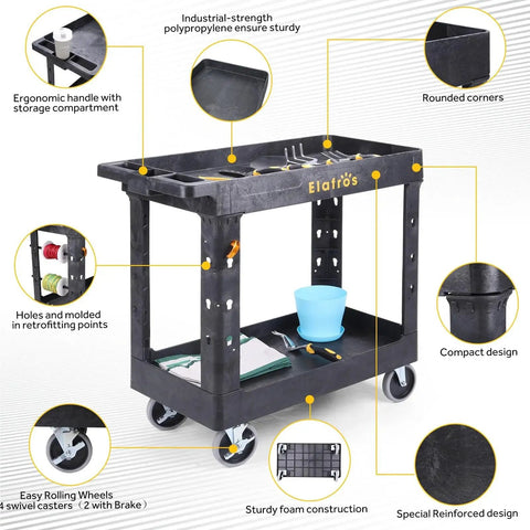 Heavy Duty Plastic Utility Cart With Deep Shelves And Full Swivel Wheels, 34 x 17 Inch 2 Tier Service Cart for Warehouse Garage