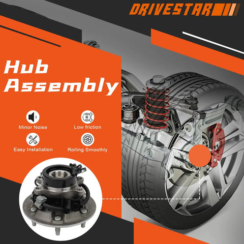 2WD Front Right Wheel Hub And Bearing Assembly For Chevrolet Colorado, GMC Canyon, And Isuzu i280, i290, i370 With ABS And 6 Lug Pattern Premium Aftermarket Replacement Built For Durability And Easy Installation, shown with installation diagram and product features.