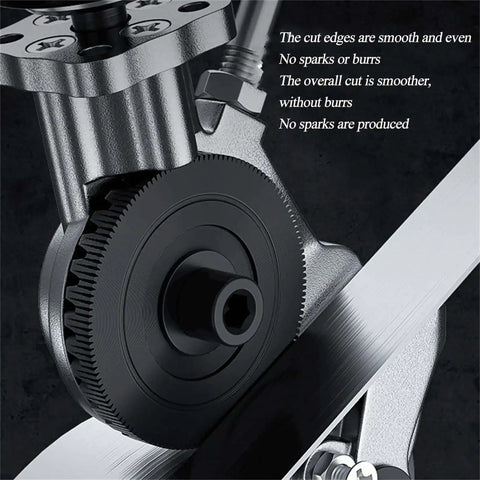 Drill Nibbler Attachment For Sheet Metal Cutting, metal nibbler close-up showing clean burr-free cut up to 0.8mm on sheet metal