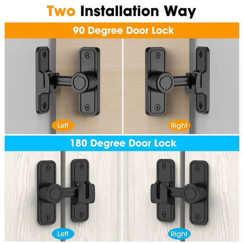 Sliding Barn Door Lock Hardware With 2-In-1 Keyless Entry And 90/180 Degree Mounting shown in two mounting options
