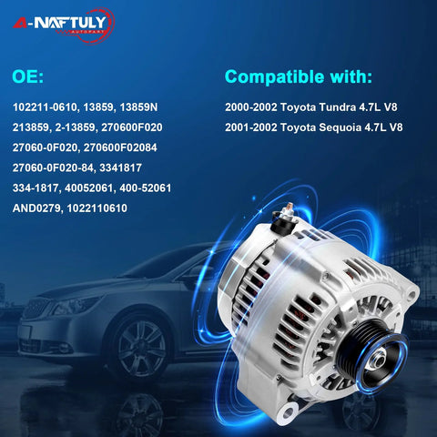 Beefed Up High Output Alternator Replacement For 2000 2001 2002 Toyota Tundra 4.7L V8 And 2001 2002 Toyota Sequoia 4.7L V8 Fits 1022110610