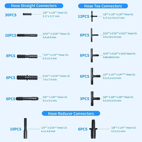 Image showing various nylon connectors from the Six Piece Five Foot Silicone Vacuum Hose Kit With Six Diameters From One Eighth To Three Eighth Inch And One Hundred Thirteen Nylon Connectors For Automotive, Marine, And Industrial Vacuum Line, Turbo, Cooling, And HVAC Tubing, including straight, tee, and reducer connectors with sizes labeled.