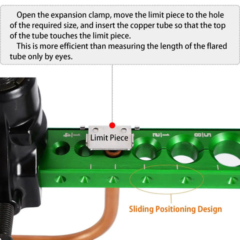 Close-up of HVAC Single Flare Tool 1/4 To 3/4 In With 45 Degree Eccentric Cone Clutch showing sliding positioning design on green metal.