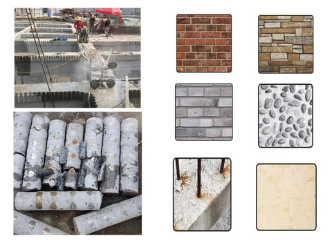 Concrete drilling setup using wet diamond core drill bits for masonry and concrete with crown shaped segments on various materials.
