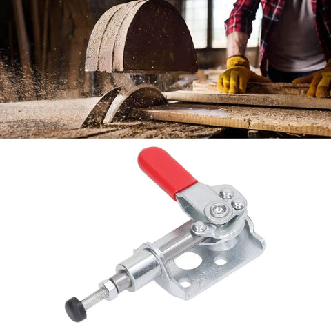 Stainless Steel Push Pull Toggle Clamp Quick Release Clamp with red handle for woodworking jigs and fixtures, close-up view.