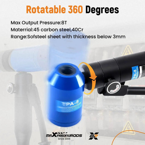 Beast 8-Ton Hydraulic Knockout Punch Kit with 360-degree swivel head and specifications overlay for electrical conduit and metal sheets.