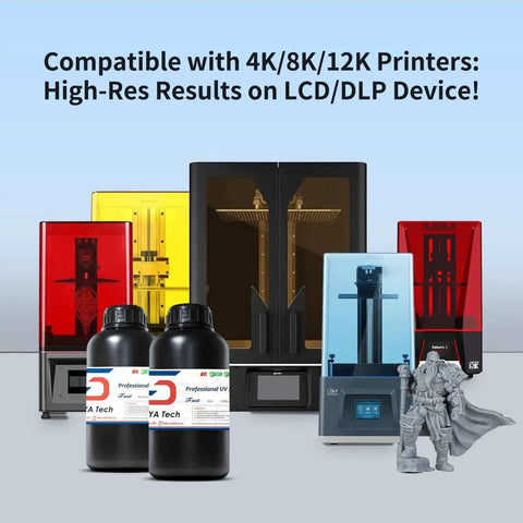 Fast ABS Like 3D Printer Resin For LCD DLP 405nm UV Curing displayed with various colored 3D printers and printed model figures.