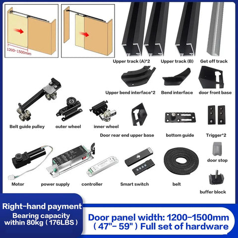 Motorized Flush Hidden Sliding Barn Door Hardware Kit For 47.2 To 59 Inch Doors, full set of components and track system displayed.
