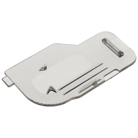 Bobbin cover plate for Brother/Babylock sewing machines, angled top view, silver metal, XC2369051