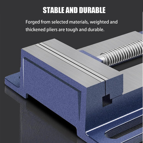 Close-up of Heavy Duty 5 Inch Table Vise For Woodworking With Fixed Serrated Jaws And 180 Degree Rotatable Rocker Handle