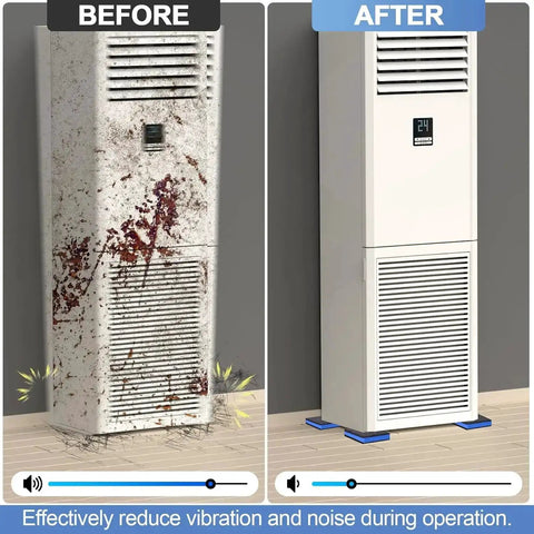 Before and after image showing air conditioner with and without 8 Pack Anti Vibration Pads for Washing Machines and Home Appliances installed.