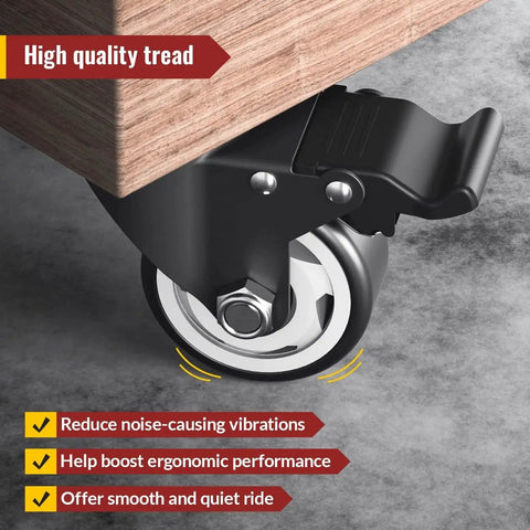 Close-up of Heavy Duty 3 Inch Caster Wheels Set Of 4 Swivel Castors with Safety Brake attached to furniture, steel housing visible