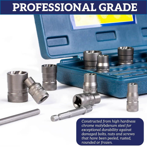 Bolt Extractor Kit Round Bolt Remover Set for Damaged Bolts and Screws displayed with a case open showing sockets and tools.