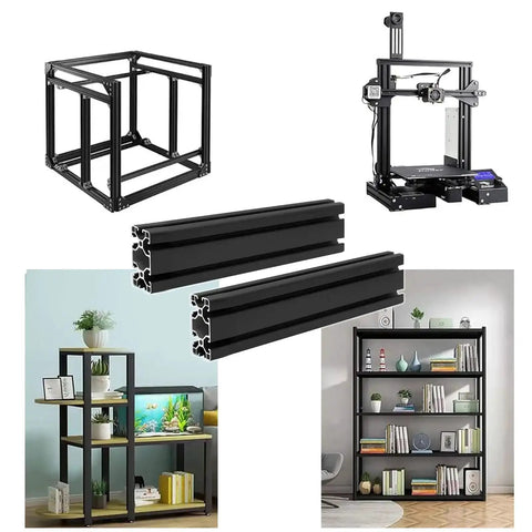 Image of 2 Pack 4080 T Slot Aluminum Extrusion 200mm Black 40x80 Profile Heavy Duty for T Slotted Framing European Standard Anodized Linear Rail for 3D Printer Accessories and Parts with examples of DIY frames and shelving.