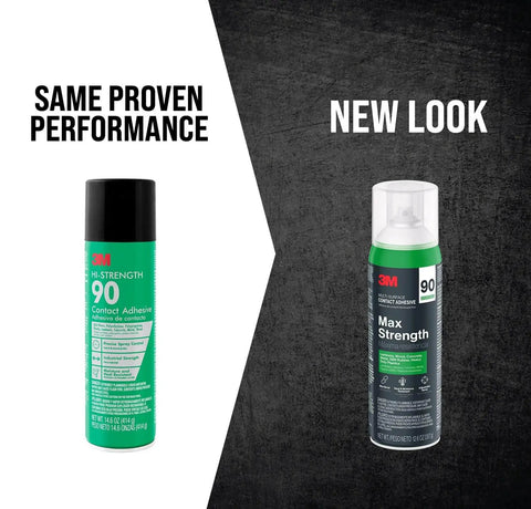 Max Strength 90 Multi-Surface Contact Adhesive Spray, 12.6 oz Can, Low VOC Formula, new look comparison with old can