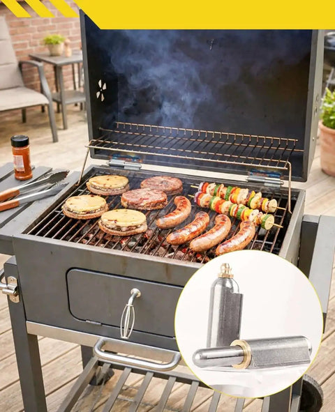 Outdoor BBQ smoker cooking food with inset of Six Piece Weld On Barrel Hinge Set For Carbon Steel Projects Heavy Duty Bullet Hinges.