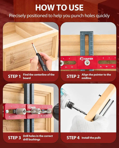 Four-step guide on using Cabinet Hardware Doweling Jig For Knobs And Pulls, Adjustable Self Centering Punch Locator in woodworking.