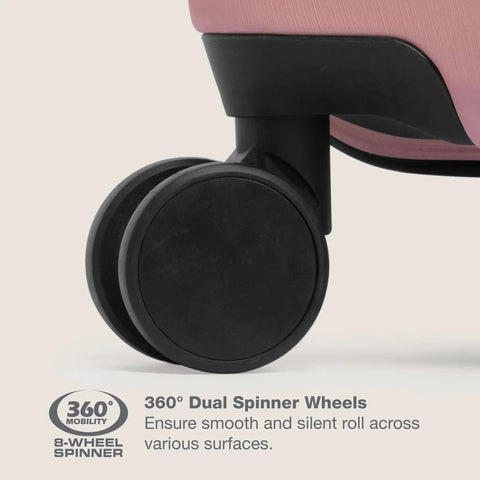 Close-up of 360-degree dual spinner wheels on expandable hardside travel luggage with 8 spinner wheels waterproof rugged case rose pink 30 inch