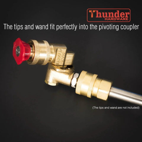 Pivoting Quick Connect Coupler For Pressure Washers With 120 Degree Swivel And Quarter Inch Plug For Up To Four Thousand PSI Stainless Steel Brass Weather Resistant And Corrosion Resistant Durable Cleaning Accessory with a red tip and wand fitting.
