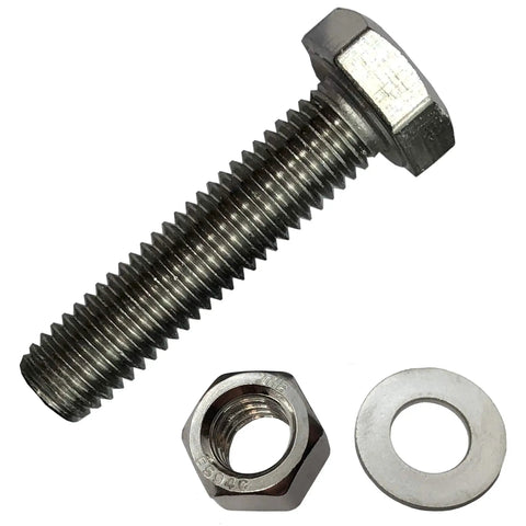 Close-up of All Purpose 304 Stainless Steel Bolts Nuts And Washers Set One Quarter Inch Twenty Threads Per Inch By One Inch Hex Head