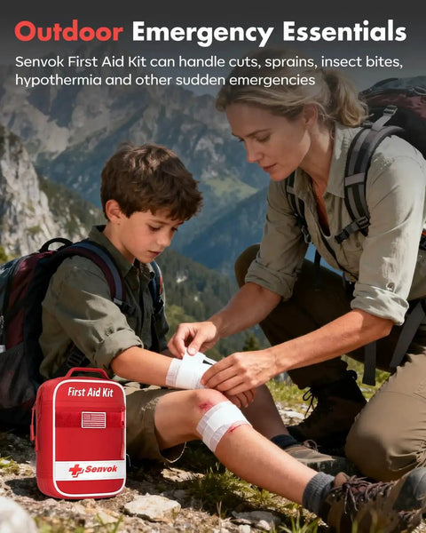 Family using Ultimate 121 Piece First Aid Kit For Car Home And Travel With Zip Stitch Wound Closure And Molle Pack by Senvok outdoors.