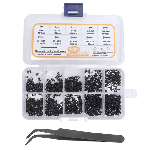 Self Tapping Screws Set Carbon Steel Miniature Screws With Cross Pan Head And Deep Threads 1000Pcs In 10 Sizes Includes Tweezers