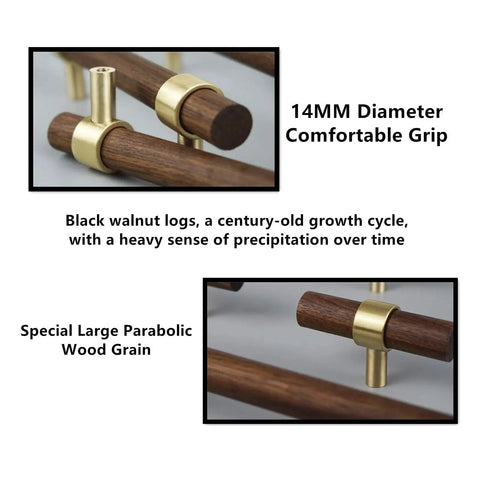 Close-up of 14mm diameter brass walnut drawer pulls with special parabolic wood grain, part of Two Hole 140mm Brass Walnut Drawer Pulls Set Of 4 With M4 Screws High Temperature Sealed Glaze Finish Durable Cabinet Hardware For Kitchen Wardrobe Doors And Drawers Oxidation And Rust Resistant.