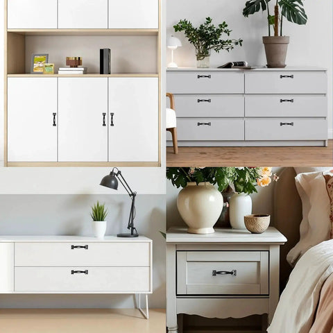 4 Pack 6 Inch Cabinet Door Handles Vintage Barn Door Pulls on white cabinets and drawers in various settings