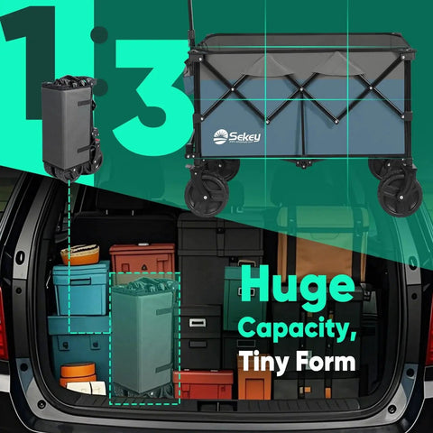Extra Large Foldable Wagon With All Terrain Beach Wheels stored compactly in car trunk, folded and unfolded views visible