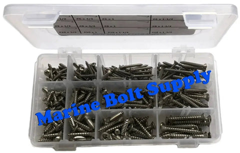 Premium Type 316 Stainless Steel Phillips Drive Oval Head Sheet Metal Screw Kit For Marine Applications With 12 Sizes And 265 Screws