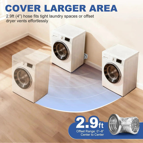 Two washing machines connected by a magnetic dryer vent coupling with quick snap on connection, 2.9ft 4 inch duct visible.