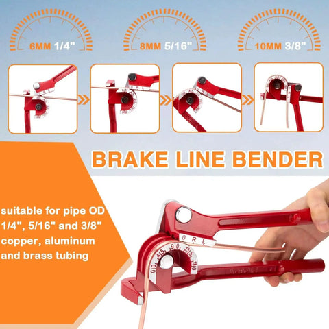 3/16 Inch Brake Line Repair Kit Flaring Tool Cutter Bender 25ft Coated Line, showing red brake line bender used for various pipe sizes.