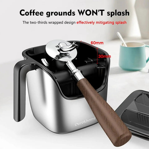 Front view of Ourokhome knock box, stainless steel body with wooden-handled knock bar, 4.8-inch, dishwasher safe.