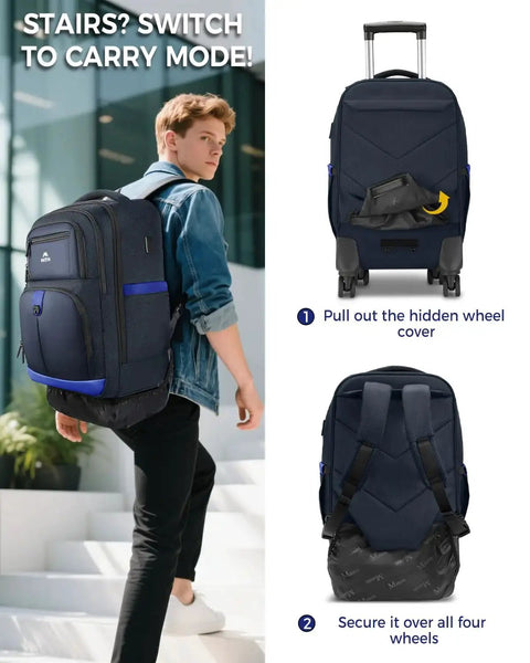 Man using Four Wheel Rolling Backpack With USB Charging Port And Water Resistant 17 Inch Laptop Roller Bag, converted to backpack mode.