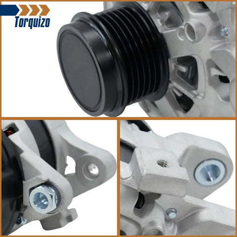 Close-up view of a 12V 115A Alternator For Toyota Corolla 2014-2019 1.8L L4 CW 6-Groove Direct Replacement showing pulley and mounting details.