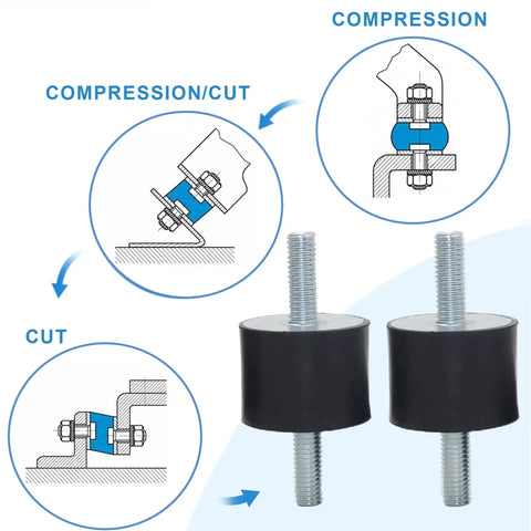 Four Pack M6 20x15mm Rubber Isolator Mounts With Double Studs, Heavy Duty Shock Absorber Dampers showing use in compression and cut applications