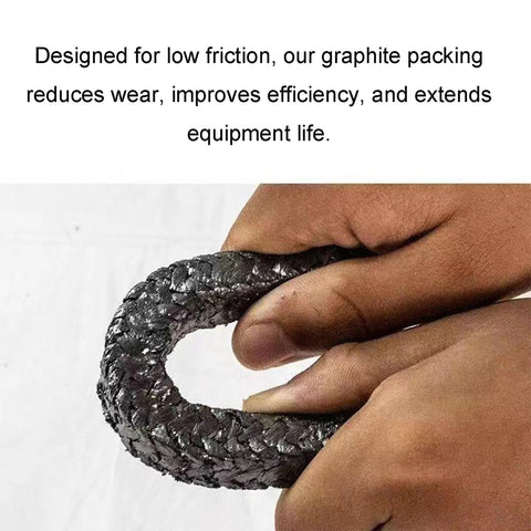 Graphite gland packing rope seal in hand; black textured packing material for high-temp seals