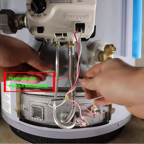 Thermopile for pilot kit 100112330 on gas water heater; Honeywell gas valve with wiring and flexible conduit