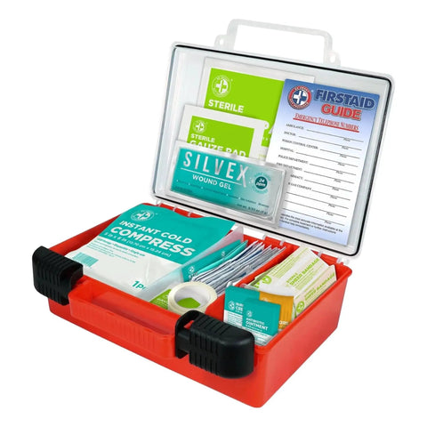 OSHA And ANSI Compliant First Aid Kit For 50 People, 250 Pieces, open with visible medical supplies, compact red portable case