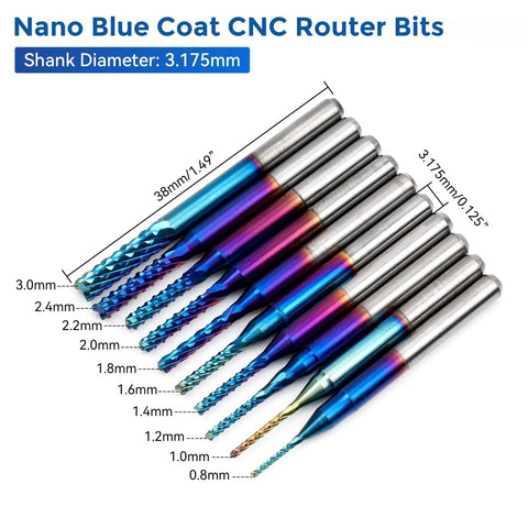 Pro CNC Router Bit Set With ER11 And ER16 Collets Forty Piece One Eighth Inch Shank Two Flute Nano Blue Coat shown in various sizes.