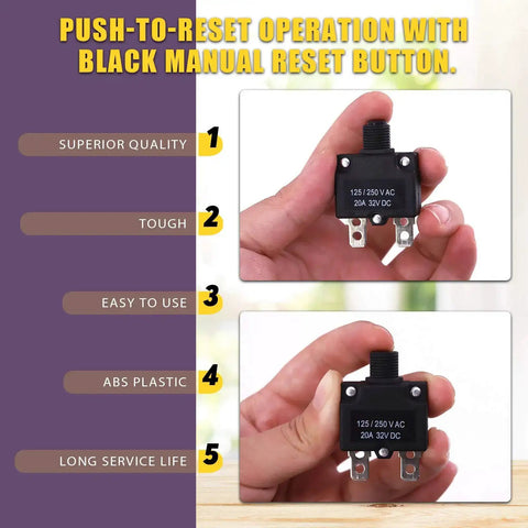 Thermal Circuit Breaker Kit With Quick Connect Terminals And Waterproof Button Caps 30Pcs includes breaker in hand showing details.