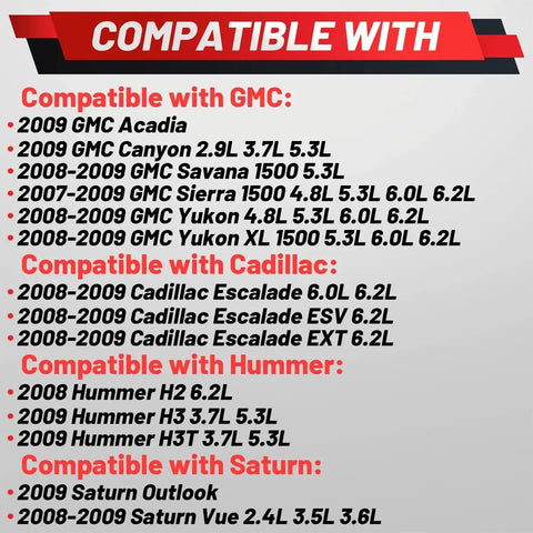 Compatibility chart showing vehicles for Beefed-Up Upgraded Fuel Pump Driver Module 601-132 6H1478, including GMC, Cadillac, Hummer, Saturn models.