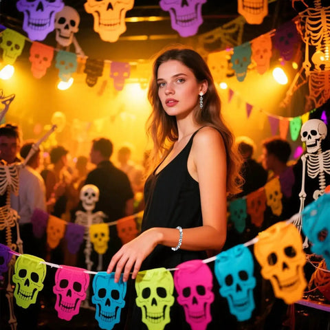Colorful Halloween party with skull decorations and a woman in a black dress surrounded by festive lights and crowd