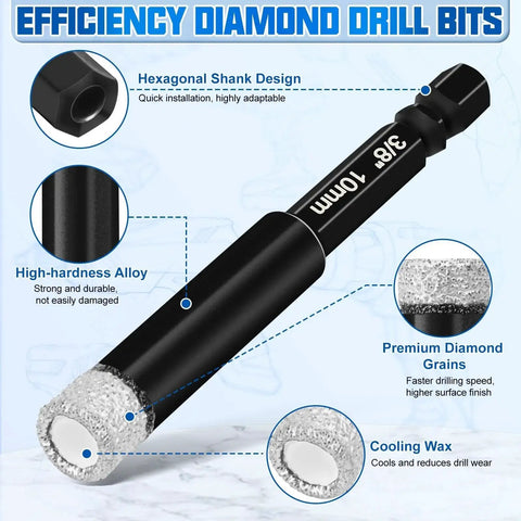 Diamond Drill Bits Set 30 Piece Pro Grade Masonry Bit Set With Premium Carbide Bits For Concrete Ceramic Glass Porcelain Tile Marble Metal Plastic Wood Black, showing close-up of diamond-coated tip and hexagonal shank design