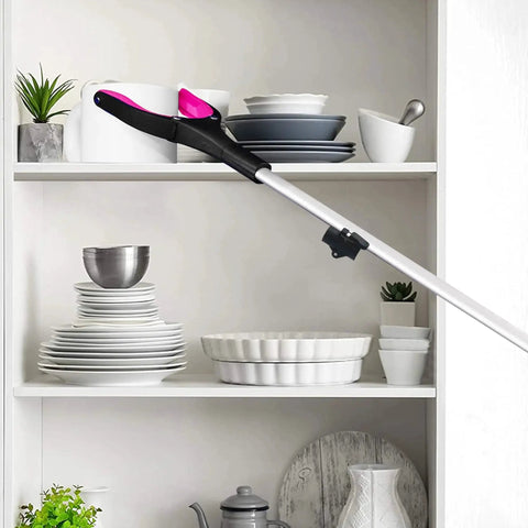 2 Pack 32 Inch GrabRunner Reacher Grabber Tool With Strong Magnetic Swivel Head In Pink reaching high shelf to pick dishes
